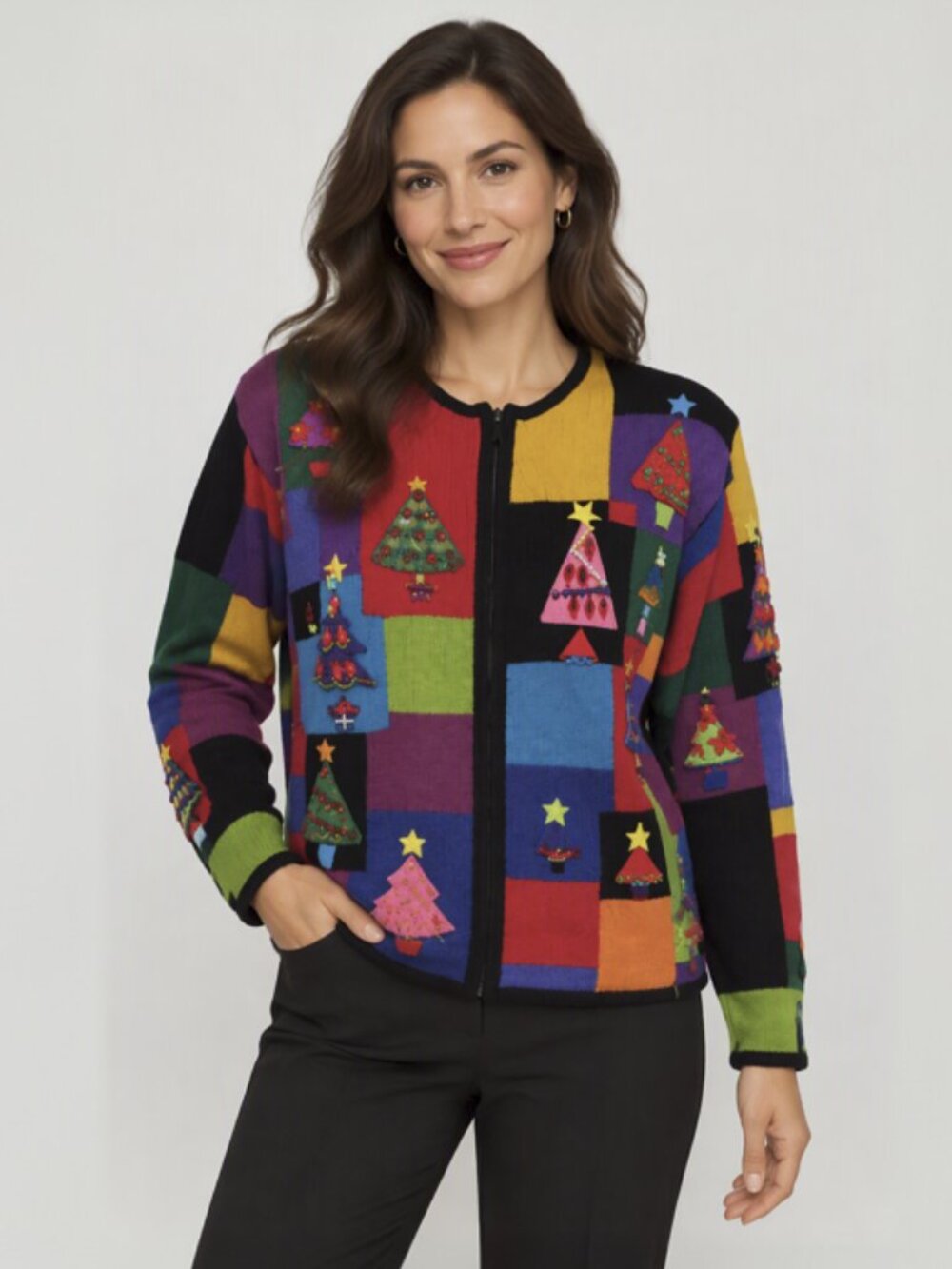 Karen Scott Hand Embroidered Patchwork Christmas Sweater Jacket
